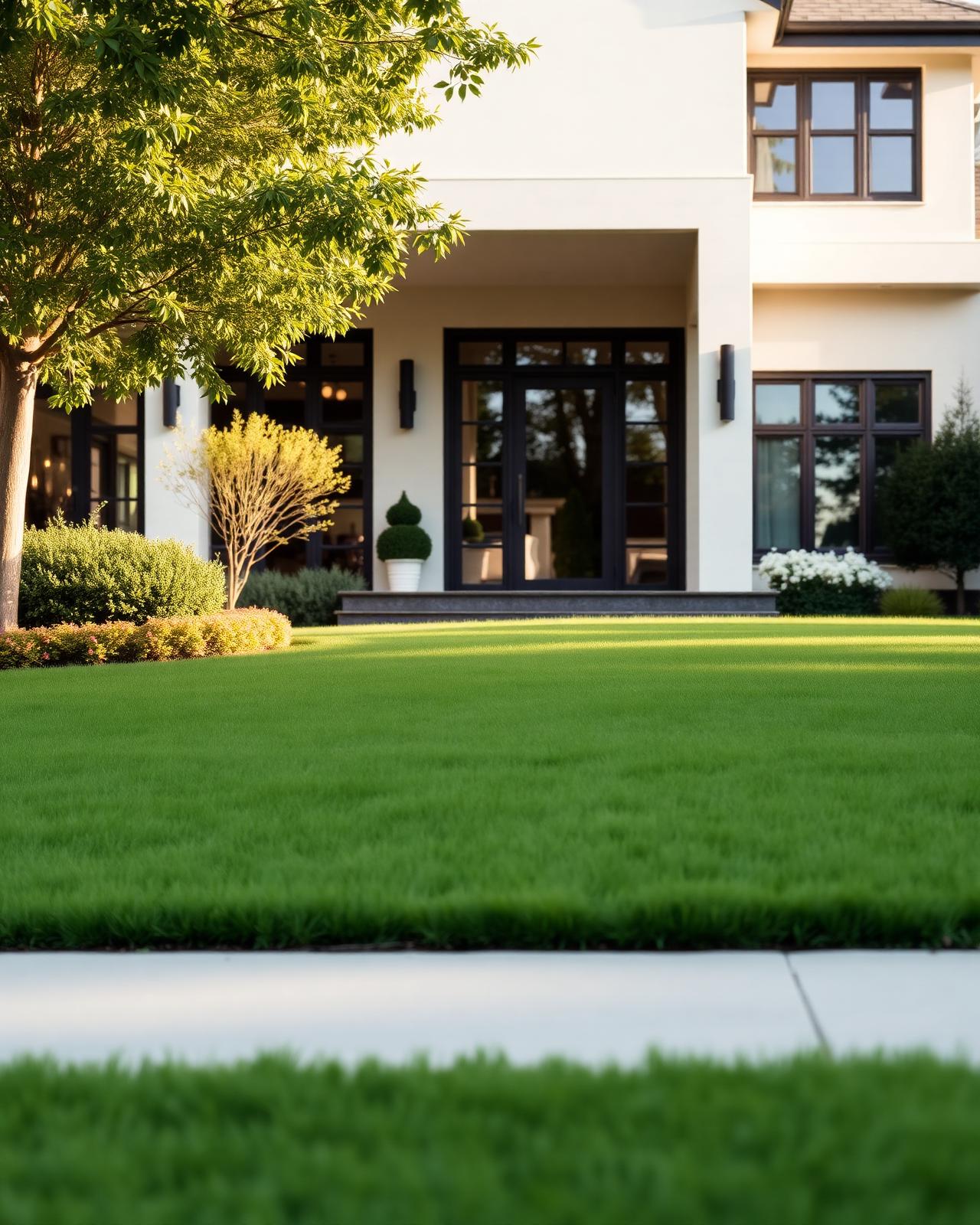 A pristine green lawn in front of a modern home at golden hour